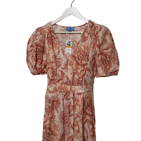 CECE WOMENS SIZE SMALL FLORAL PUFF SLEEVE BELTED LINEN BLEND MAXI DRESS PINK NEW - Picture 7 of 13